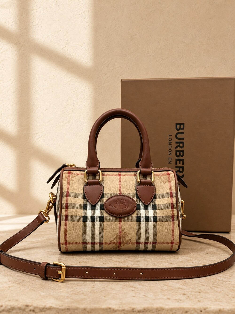 Burberry Mini Check Bowling Handbag in Coated Canvas